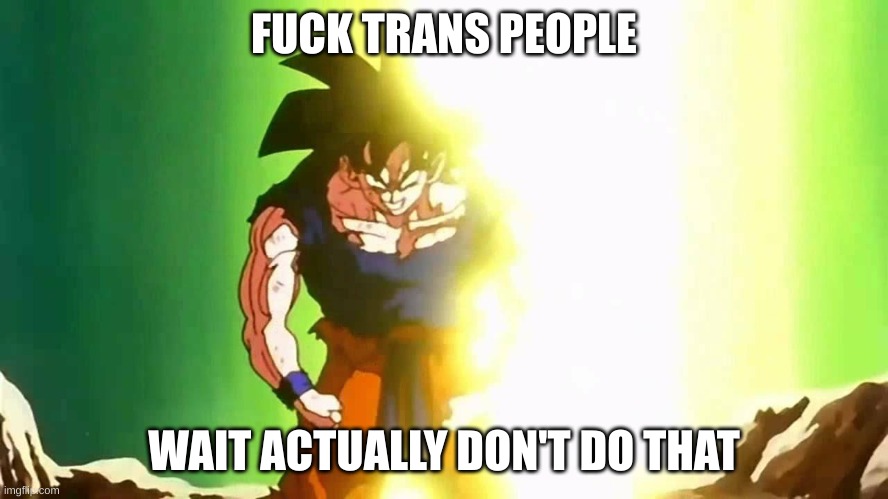 Angry Goku | FUCK TRANS PEOPLE WAIT ACTUALLY DON'T DO THAT | image tagged in angry goku | made w/ Imgflip meme maker