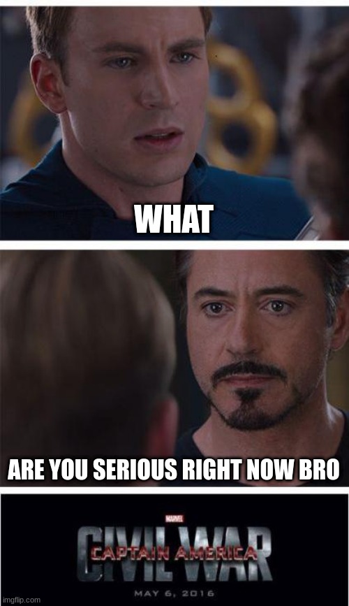 Marvel Civil War 1 | WHAT; ARE YOU SERIOUS RIGHT NOW BRO | image tagged in memes,marvel civil war 1 | made w/ Imgflip meme maker