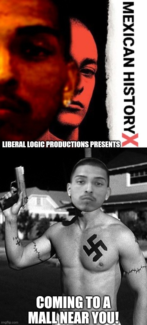 Mexican History X | LIBERAL LOGIC PRODUCTIONS PRESENTS; COMING TO A MALL NEAR YOU! | image tagged in mass shooting,liberal logic,white supremacy,propaganda,hoax,fake news | made w/ Imgflip meme maker
