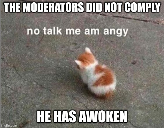 no talk me am angy | THE MODERATORS DID NOT COMPLY HE HAS AWOKEN | image tagged in no talk me am angy | made w/ Imgflip meme maker