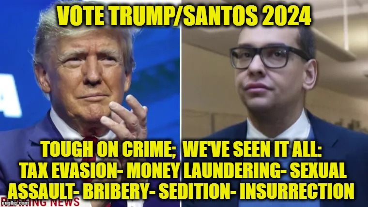 Trump-Santos 2024:  A Winning Ticket | VOTE TRUMP/SANTOS 2024; TOUGH ON CRIME;  WE'VE SEEN IT ALL:  TAX EVASION- MONEY LAUNDERING- SEXUAL ASSAULT- BRIBERY- SEDITION- INSURRECTION | image tagged in maga,gop,donald trump is an idiot,clown car republicans,trump,nevertrump | made w/ Imgflip meme maker