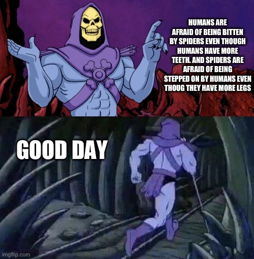 Deep Skeleton Thoughts | HUMANS ARE AFRAID OF BEING BITTEN BY SPIDERS EVEN THOUGH HUMANS HAVE MORE TEETH. AND SPIDERS ARE AFRAID OF BEING STEPPED ON BY HUMANS EVEN THOUG THEY HAVE MORE LEGS; GOOD DAY | image tagged in he man skeleton advices | made w/ Imgflip meme maker