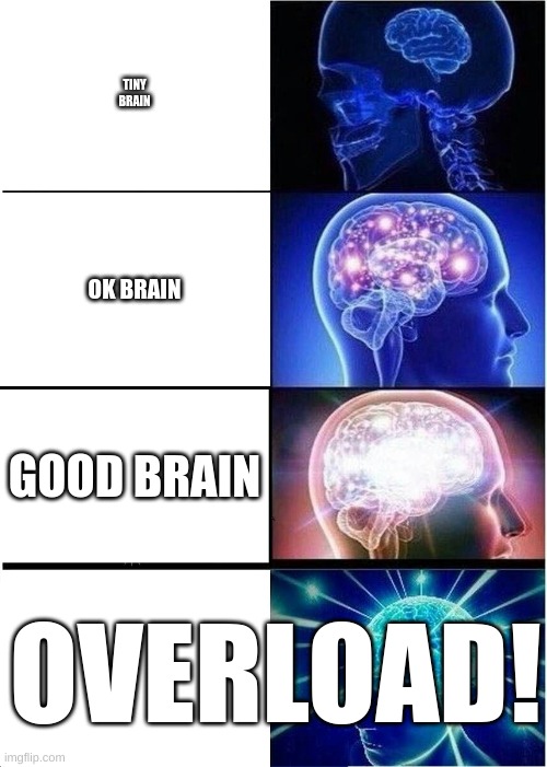 levels of brain | TINY BRAIN; OK BRAIN; GOOD BRAIN; OVERLOAD! | image tagged in memes,expanding brain | made w/ Imgflip meme maker