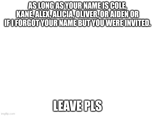 AS LONG AS YOUR NAME IS COLE, KANE, ALEX, ALICIA, OLIVER, OR AIDEN OR IF I FORGOT YOUR NAME BUT YOU WERE INVITED. LEAVE PLS | made w/ Imgflip meme maker