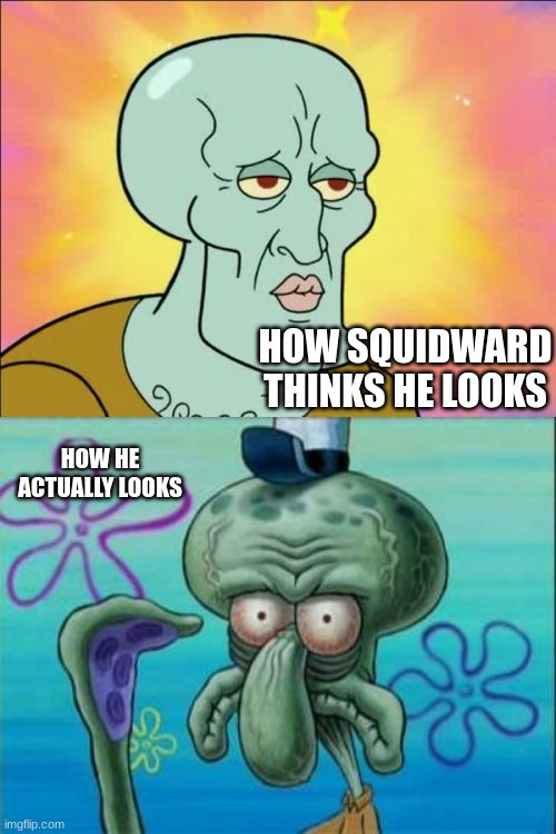 Squidward Meme | HOW SQUIDWARD THINKS HE LOOKS; HOW HE ACTUALLY LOOKS | image tagged in memes,squidward | made w/ Imgflip meme maker