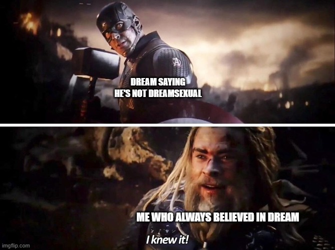 10 upvotes and this goes in the lgbtq stream | DREAM SAYING HE'S NOT DREAMSEXUAL; ME WHO ALWAYS BELIEVED IN DREAM | image tagged in i knew it thor | made w/ Imgflip meme maker