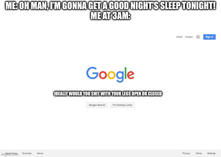 Idk anymore | ME: OH MAN, I’M GONNA GET A GOOD NIGHT’S SLEEP TONIGHT!
ME AT 3AM:; IDEALLY WOULD YOU SHIT WITH YOUR LEGS OPEN OR CLOSED | image tagged in google search meme | made w/ Imgflip meme maker