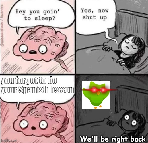 waking up brain | you forgot to do your Spanish lesson; We'll be right back | image tagged in waking up brain,doulingo | made w/ Imgflip meme maker