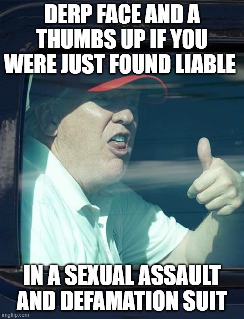 Trump thumb up | DERP FACE AND A THUMBS UP IF YOU WERE JUST FOUND LIABLE; IN A SEXUAL ASSAULT AND DEFAMATION SUIT | image tagged in trump thumb up | made w/ Imgflip meme maker