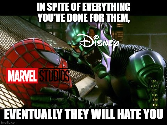 mcu | IN SPITE OF EVERYTHING YOU'VE DONE FOR THEM, EVENTUALLY THEY WILL HATE YOU | image tagged in spiderman and green goblin | made w/ Imgflip meme maker