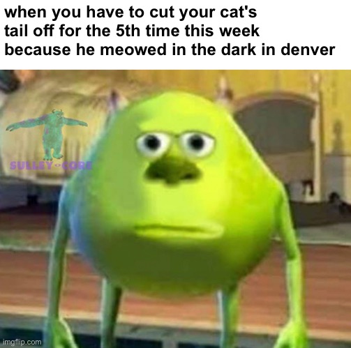 colorado is weird | when you have to cut your cat's tail off for the 5th time this week because he meowed in the dark in denver | image tagged in demotivationals,monsters inc,memes,funny,youtube poop | made w/ Imgflip meme maker