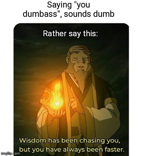 Chased by wisdom | Saying "you dumbass", sounds dumb; Rather say this: | image tagged in wisdom,words of wisdom,dumbass | made w/ Imgflip meme maker