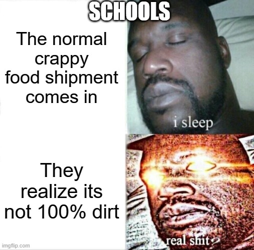 Schools be like | SCHOOLS; The normal crappy food shipment comes in; They realize its not 100% dirt | image tagged in memes,sleeping shaq,school lunch | made w/ Imgflip meme maker