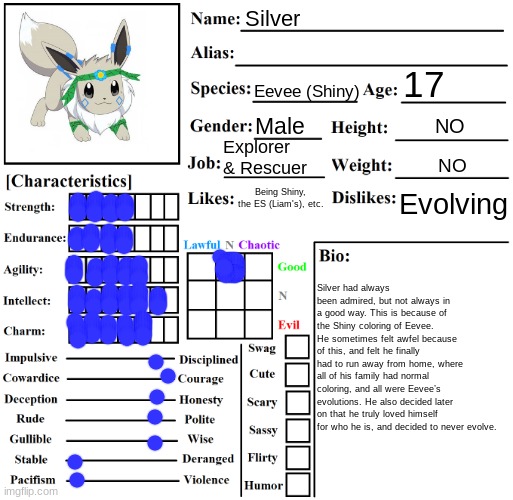 Character Chart by Liamsworlds | Silver; 17; Eevee (Shiny); Male; NO; Explorer & Rescuer; NO; Evolving; Being Shiny, the ES (Liam's), etc. Silver had always been admired, but not always in a good way. This is because of the Shiny coloring of Eevee. He sometimes felt awfel because of this, and felt he finally had to run away from home, where all of his family had normal coloring, and all were Eevee’s evolutions. He also decided later on that he truly loved himself for who he is, and decided to never evolve. | image tagged in character chart by liamsworlds | made w/ Imgflip meme maker