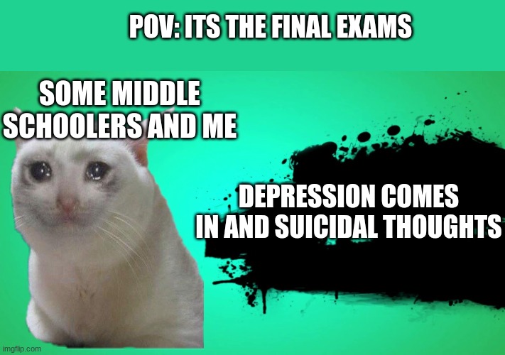 EVERYONE JOINS THE BATTLE | POV: ITS THE FINAL EXAMS; SOME MIDDLE SCHOOLERS AND ME; DEPRESSION COMES IN AND SUICIDAL THOUGHTS | image tagged in everyone joins the battle | made w/ Imgflip meme maker