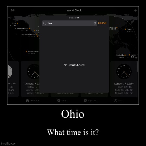 Only in ohio? | Ohio | What time is it? | image tagged in funny,demotivationals,ohio,time | made w/ Imgflip demotivational maker
