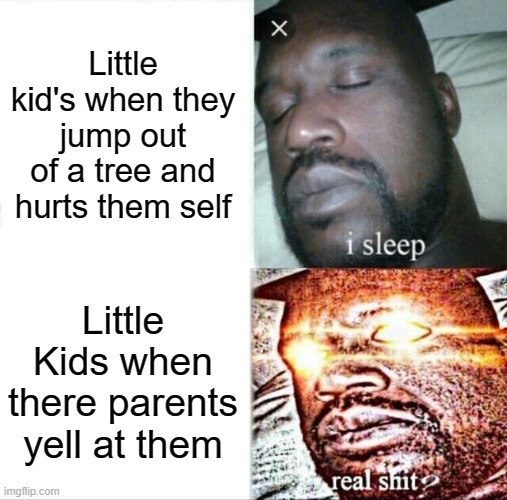 Why they always cry when the parents yell tho | Little kid's when they jump out of a tree and hurts them self; Little Kids when there parents yell at them | image tagged in memes,sleeping shaq | made w/ Imgflip meme maker