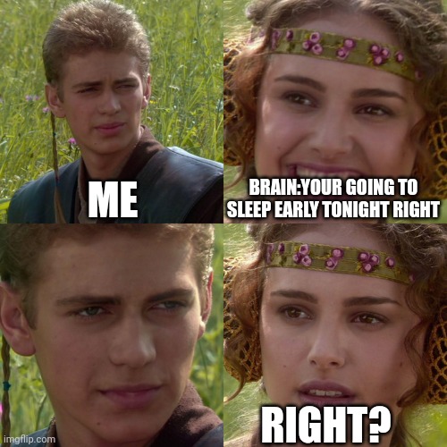 When you just screw up your sleep schedule | ME; BRAIN:YOUR GOING TO SLEEP EARLY TONIGHT RIGHT; RIGHT? | image tagged in anakin padme 4 panel,sleep | made w/ Imgflip meme maker