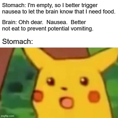 Don't you hate it when you feel nauseous when you are hungry? | Stomach: I'm empty, so I better trigger nausea to let the brain know that I need food. Brain: Ohh dear.  Nausea.  Better not eat to prevent potential vomiting. Stomach: | image tagged in memes,surprised pikachu,stomach,body,brain,hunger | made w/ Imgflip meme maker
