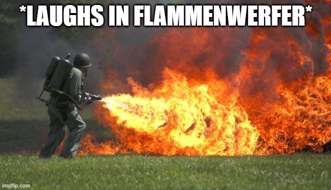 Flame thrower | *LAUGHS IN FLAMMENWERFER* | image tagged in flame thrower | made w/ Imgflip meme maker