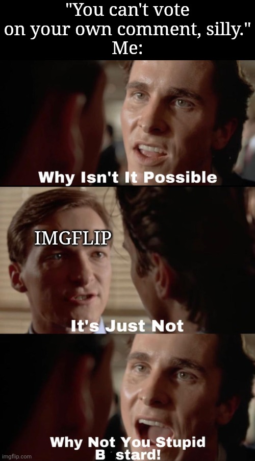 Why isn't it possible | "You can't vote on your own comment, silly."
Me:; IMGFLIP | image tagged in why isn't it possible | made w/ Imgflip meme maker