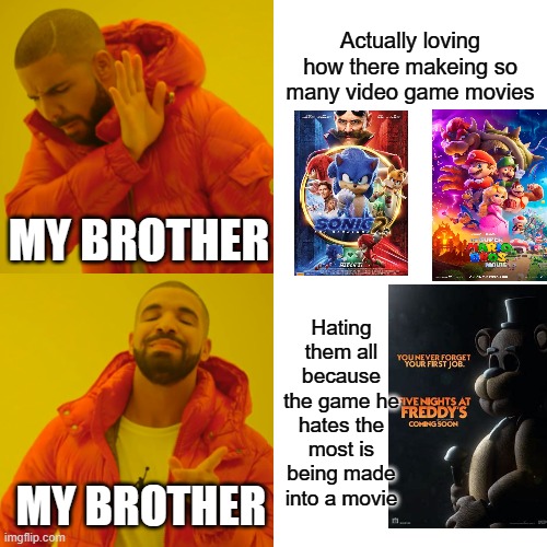 Drake Hotline Bling Meme | Actually loving how there makeing so many video game movies; MY BROTHER; Hating them all because the game he hates the most is being made into a movie; MY BROTHER | image tagged in memes,drake hotline bling | made w/ Imgflip meme maker