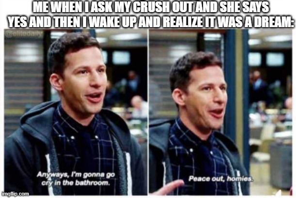 Anyone else have a dream like that. | ME WHEN I ASK MY CRUSH OUT AND SHE SAYS YES AND THEN I WAKE UP AND REALIZE IT WAS A DREAM: | image tagged in jake peralta brooklyn 99,i'm fine | made w/ Imgflip meme maker