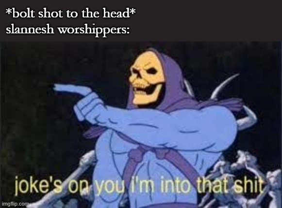 Jokes on you im into that shit | *bolt shot to the head*
slannesh worshippers: | image tagged in jokes on you im into that shit | made w/ Imgflip meme maker