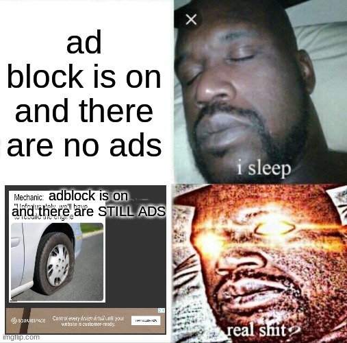 WHY | ad block is on and there are no ads; adblock is on and there are STILL ADS | image tagged in memes,sleeping shaq | made w/ Imgflip meme maker