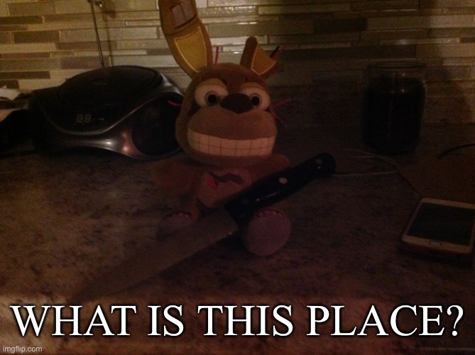 Springtrap Plush With A Knife | WHAT IS THIS PLACE? | image tagged in springtrap plush with a knife | made w/ Imgflip meme maker