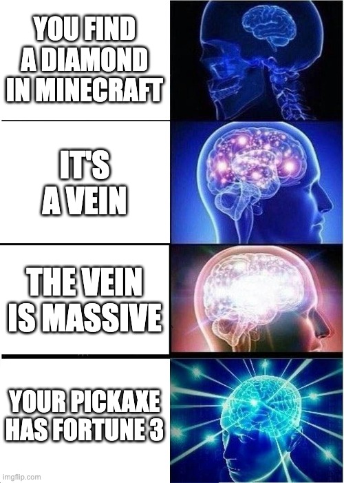 Expanding Brain Meme | YOU FIND A DIAMOND IN MINECRAFT; IT'S A VEIN; THE VEIN IS MASSIVE; YOUR PICKAXE HAS FORTUNE 3 | image tagged in memes,expanding brain | made w/ Imgflip meme maker