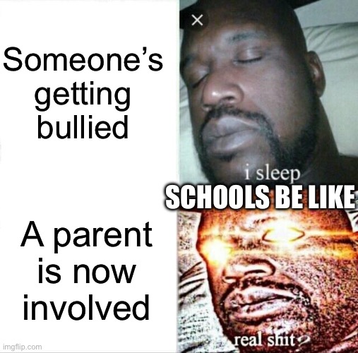 School | Someone’s getting bullied; SCHOOLS BE LIKE; A parent is now involved | image tagged in memes,sleeping shaq | made w/ Imgflip meme maker