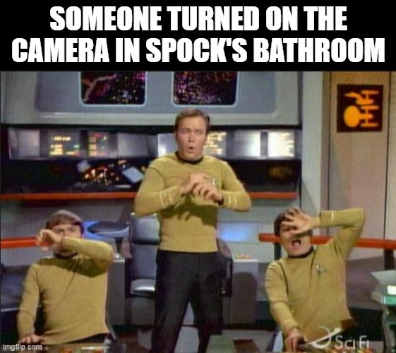 Cam On | SOMEONE TURNED ON THE CAMERA IN SPOCK'S BATHROOM | image tagged in star trek gasp | made w/ Imgflip meme maker