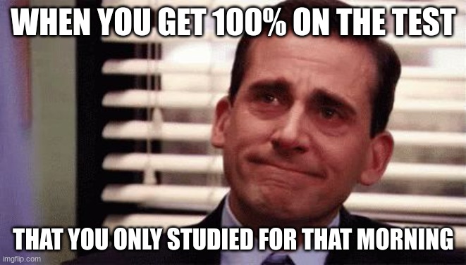 Happy Cry | WHEN YOU GET 100% ON THE TEST; THAT YOU ONLY STUDIED FOR THAT MORNING | image tagged in happy cry,test,school | made w/ Imgflip meme maker
