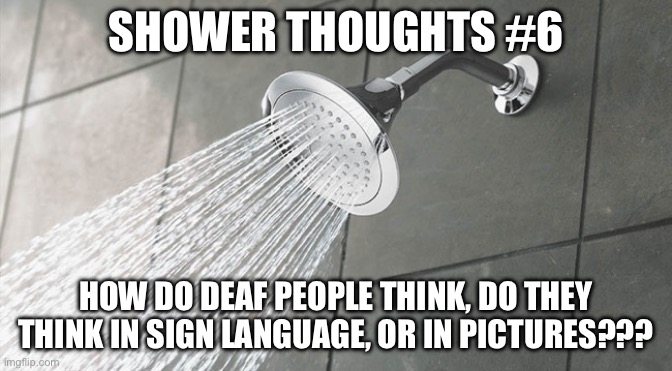 Shower thoughts #6 | SHOWER THOUGHTS #6; HOW DO DEAF PEOPLE THINK, DO THEY THINK IN SIGN LANGUAGE, OR IN PICTURES??? | image tagged in shower thoughts | made w/ Imgflip meme maker