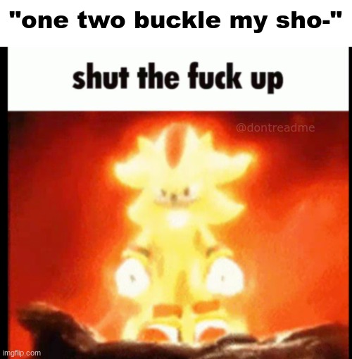 super shadow stfu | "one two buckle my sho-"; @dontreadme | image tagged in super shadow stfu | made w/ Imgflip meme maker