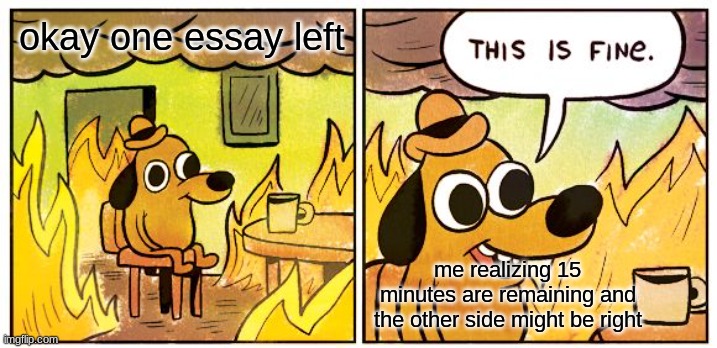This Is Fine Meme | okay one essay left; me realizing 15 minutes are remaining and the other side might be right | image tagged in memes,this is fine | made w/ Imgflip meme maker