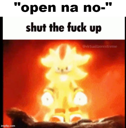 super shadow stfu | "open na no-"; @virtualizerextreme | image tagged in super shadow stfu | made w/ Imgflip meme maker