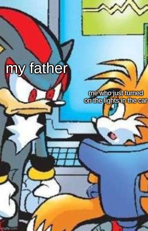 fun fact i specifically chose "father" instead of "mother" and it turned into this | my father; me who just turned on the lights in the car | image tagged in shadow mad at tails | made w/ Imgflip meme maker