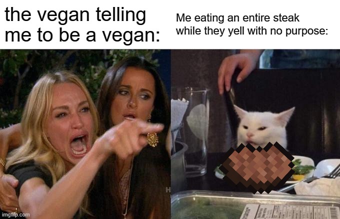 Woman Yelling At Cat | the vegan telling me to be a vegan:; Me eating an entire steak while they yell with no purpose: | image tagged in memes,woman yelling at cat | made w/ Imgflip meme maker
