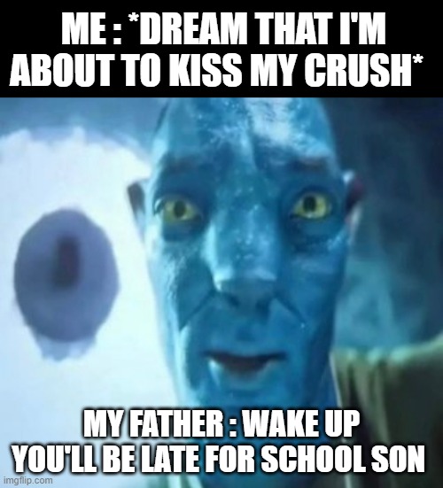 God please no...NOOOOOO | ME : *DREAM THAT I'M ABOUT TO KISS MY CRUSH*; MY FATHER : WAKE UP YOU'LL BE LATE FOR SCHOOL SON | image tagged in avatar guy | made w/ Imgflip meme maker