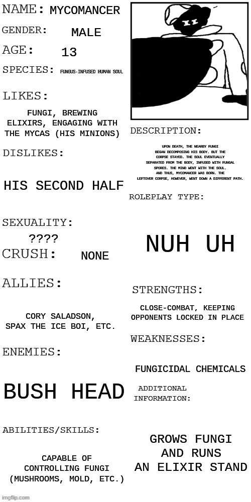 mushroom lore | MYCOMANCER; MALE; 13; FUNGUS-INFUSED HUMAN SOUL; FUNGI, BREWING ELIXIRS, ENGAGING WITH THE MYCAS (HIS MINIONS); UPON DEATH, THE NEARBY FUNGI BEGAN DECOMPOSING HIS BODY. BUT THE CORPSE STAYED. THE SOUL EVENTUALLY SEPARATED FROM THE BODY, INFUSED WITH FUNGAL SPORES. THE MIND WENT WITH THE SOUL. AND THUS, MYCOMANCER WAS BORN. THE LEFTOVER CORPSE, HOWEVER, WENT DOWN A DIFFERENT PATH. HIS SECOND HALF; NUH UH; ???? NONE; CLOSE-COMBAT, KEEPING OPPONENTS LOCKED IN PLACE; CORY SALADSON, SPAX THE ICE BOI, ETC. FUNGICIDAL CHEMICALS; BUSH HEAD; GROWS FUNGI AND RUNS AN ELIXIR STAND; CAPABLE OF CONTROLLING FUNGI (MUSHROOMS, MOLD, ETC.) | made w/ Imgflip meme maker