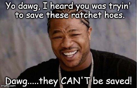 Yo Dawg Heard You | Yo dawg, I heard you was tryin' to save these ratchet hoes. Dawg.....they CAN'T be saved! | image tagged in memes,yo dawg heard you | made w/ Imgflip meme maker