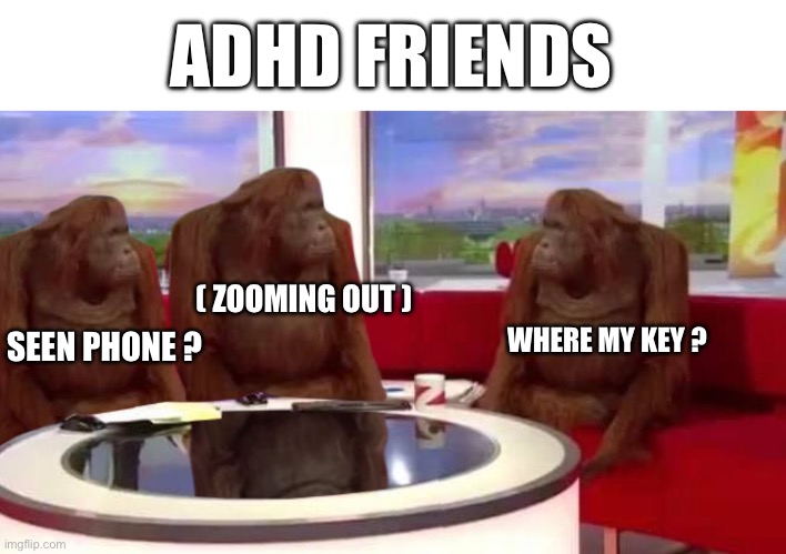 Adhd friends | ADHD FRIENDS; ( ZOOMING OUT ); WHERE MY KEY ? SEEN PHONE ? | image tagged in where monkey,adhd | made w/ Imgflip meme maker