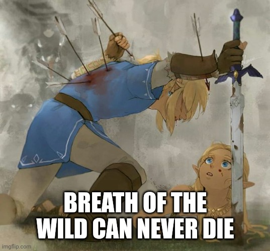 Link and zelda | BREATH OF THE WILD CAN NEVER DIE | image tagged in link and zelda | made w/ Imgflip meme maker
