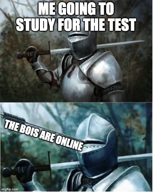 When you try and study for a test | ME GOING TO STUDY FOR THE TEST; THE BOIS ARE ONLINE | image tagged in knight with arrow in helmet | made w/ Imgflip meme maker