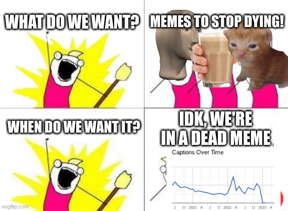 What Do We Want | WHAT DO WE WANT? MEMES TO STOP DYING! WHEN DO WE WANT IT? IDK, WE'RE IN A DEAD MEME | image tagged in memes,what do we want | made w/ Imgflip meme maker
