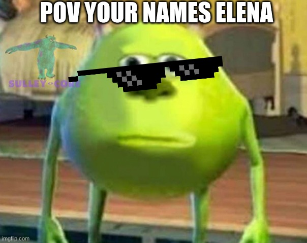 elena is my friend | POV YOUR NAMES ELENA | image tagged in monsters inc | made w/ Imgflip meme maker