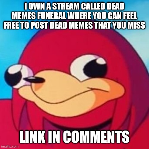Ugandan Knuckles | I OWN A STREAM CALLED DEAD MEMES FUNERAL WHERE YOU CAN FEEL FREE TO POST DEAD MEMES THAT YOU MISS; LINK IN COMMENTS | image tagged in ugandan knuckles | made w/ Imgflip meme maker