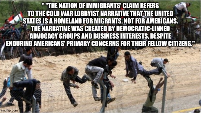 Illegal aliens | " "THE NATION OF IMMIGRANTS' CLAIM REFERS TO THE COLD WAR LOBBYIST NARRATIVE THAT THE UNITED STATES IS A HOMELAND FOR MIGRANTS, NOT FOR AMERICANS. THE NARRATIVE WAS CREATED BY DEMOCRATIC-LINKED ADVOCACY GROUPS AND BUSINESS INTERESTS, DESPITE ENDURING AMERICANS’ PRIMARY CONCERNS FOR THEIR FELLOW CITIZENS." | image tagged in illegal aliens | made w/ Imgflip meme maker